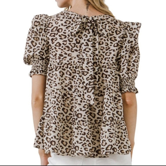 La’Ven Animal leopard print tan puff sleeve tiered Blouse - Picture 2 of 7